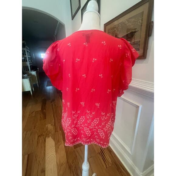 GAP BLOUSE PINK WHITE EMBROIDERED FLOWERS  RUFFLED SLEEVES WOMENS LARGE - Picture 6 of 7